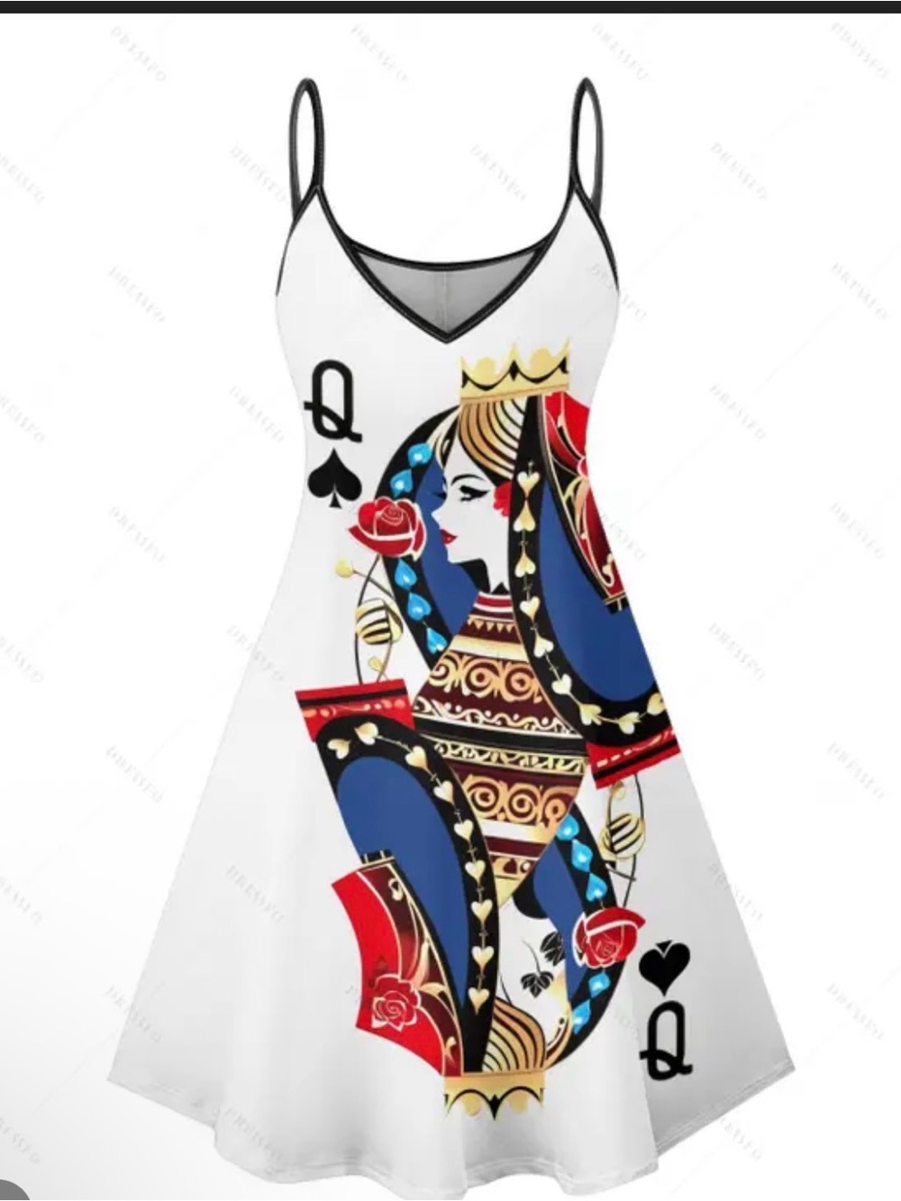 Queen of Spade Playing Card Print V Neck High Waist Spaghetti Strap Sleeveless